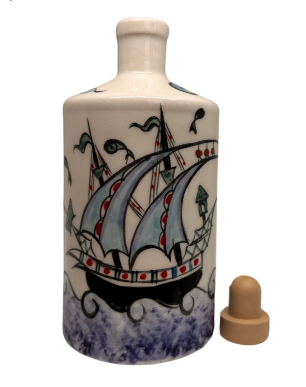 Artisan Crafted Ceramic Mediterranean Sailboat Bottle And Vase