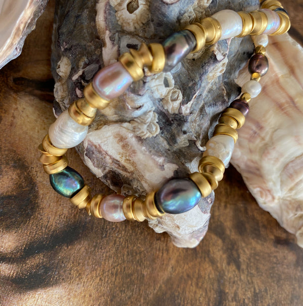Pastel Baroque Pearls with Golden Plate Ring Necklace