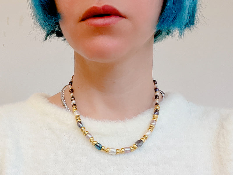 Pastel Baroque Pearls with Golden Plate Ring Necklace