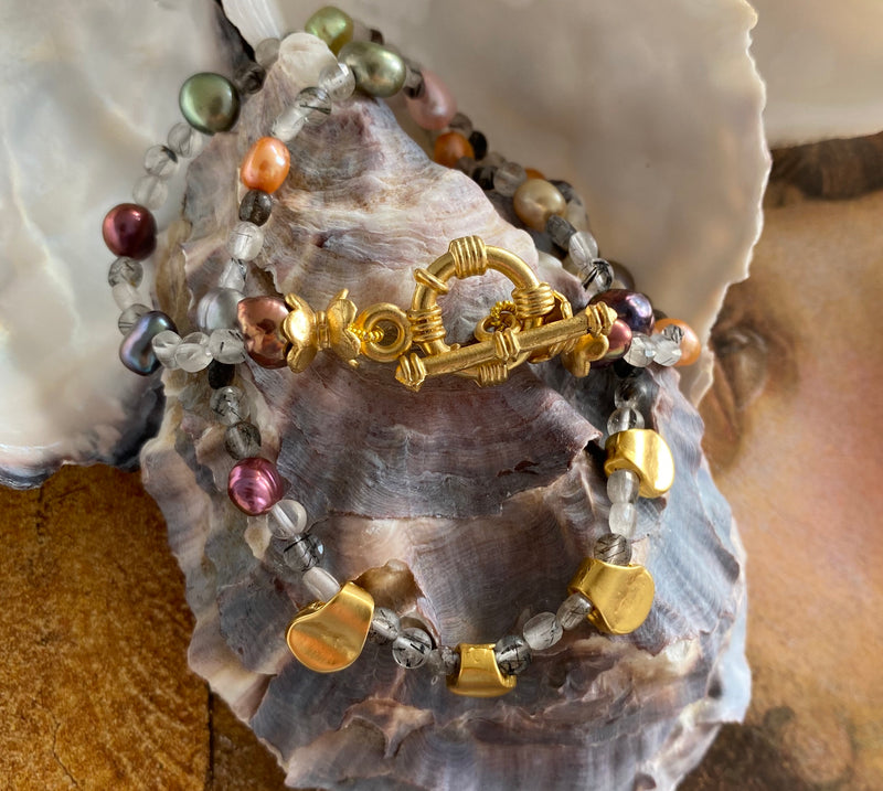 Pastel Pearls & Iolite Gemstone with Gold Plated Pendant