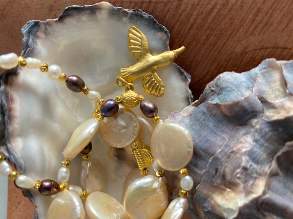 White Button Pearl Necklace with Golden Plate Bird