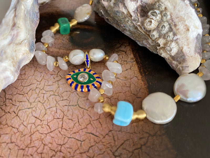 White Button Pearl & Glass Bead and Silver Lucky Eye Necklace