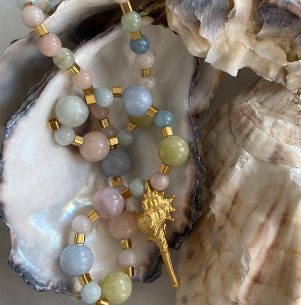 Aquamarin & Heliodor Gemstone with Golden Plate Seashell Pendant