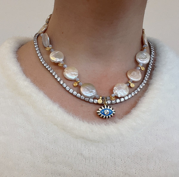 White Button Pearl & Silver Lucky Eye Pendant Necklace