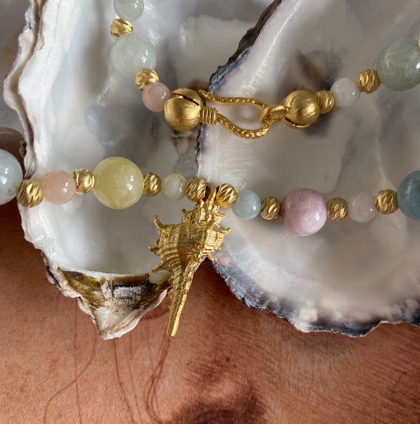 Aquamarin & Heliodor Gemstone with Golden Plate Seashell Pendant