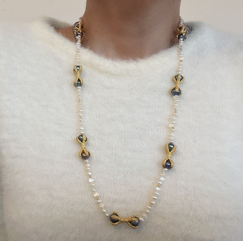 White Pearl Long Necklace & Black Pearl with Golden Plate Reef Pendant Necklace