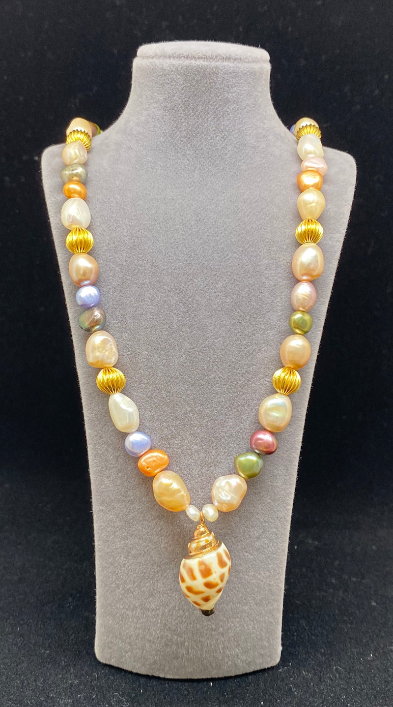 Pastel Pearl & Golden Plate Sphere with Seashell Pendant Necklace