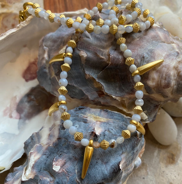 Aquamarin Gemstone & Golden Plate Chili Pepper Pendant Necklace