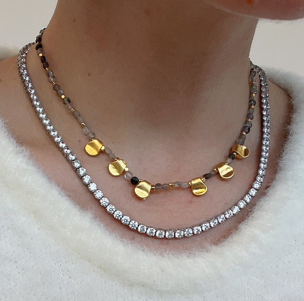 Rutile Quartz & Labradorite Gemstone & Golden Plate Pendant Necklace