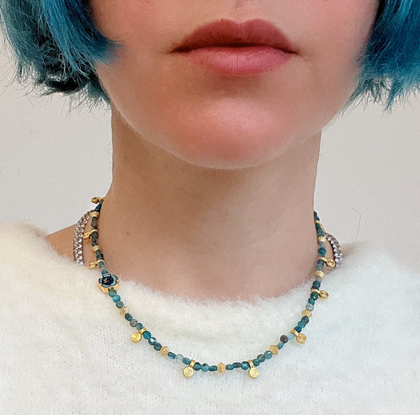 Apatite Gemstone & Flower Handmade Glass Bead with Golden Plate Pendant Necklace