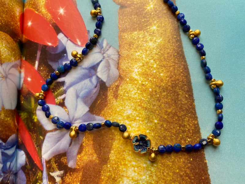 Lapis Lazuli Gemstone & Flower Glass Bead Necklace