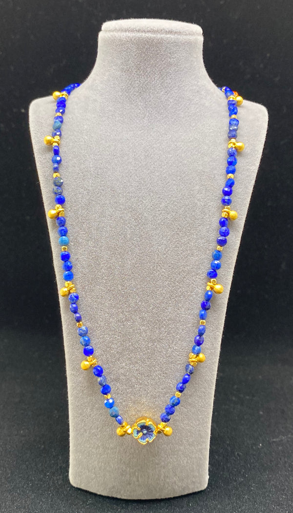 Lapis Lazuli Gemstone & Flower Glass Bead Necklace