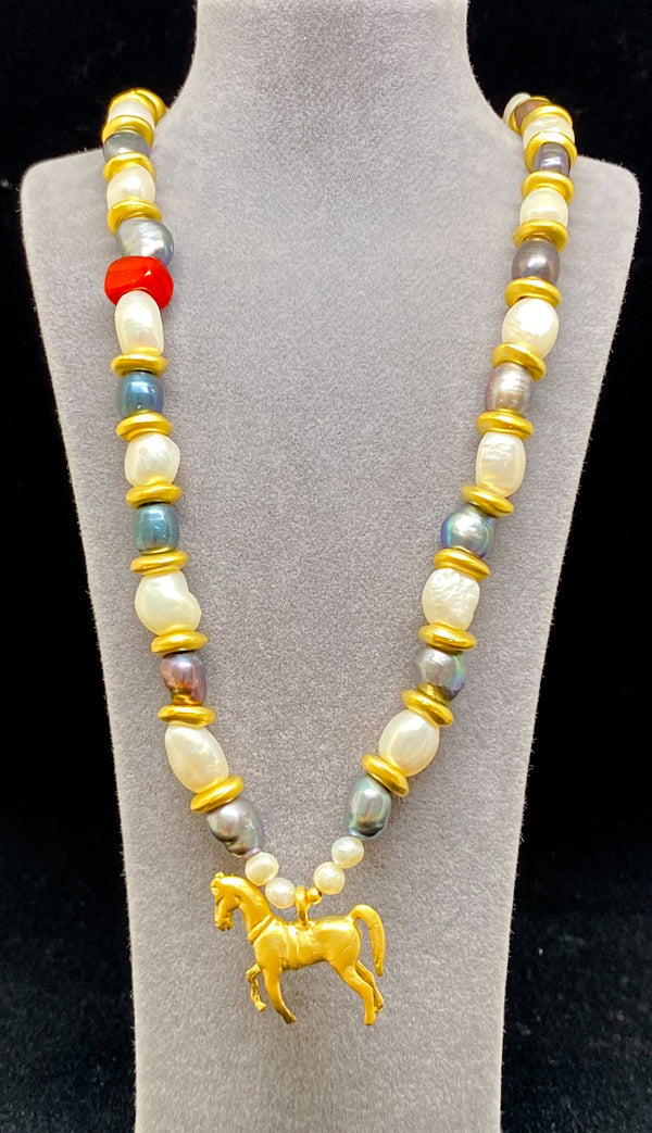 Baroque Black&White Pearl and Gold Plated Horse Pendant / Red