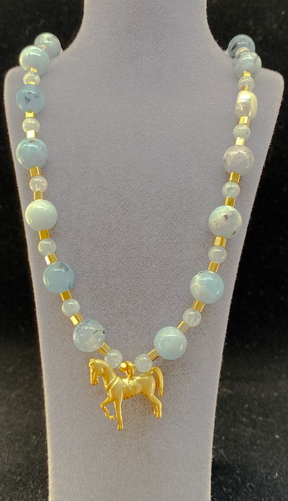 Aquamarin Gemstone and Gold Plated Horse Pendant