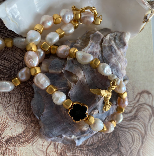 Baroque Pearl and Gold Plated Bird Pendant Necklace