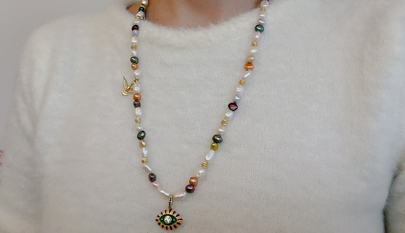 White&Pastel Color Baroque Pearl & Silver Lucky Eye Charm & Golden Plate Bird Pendant